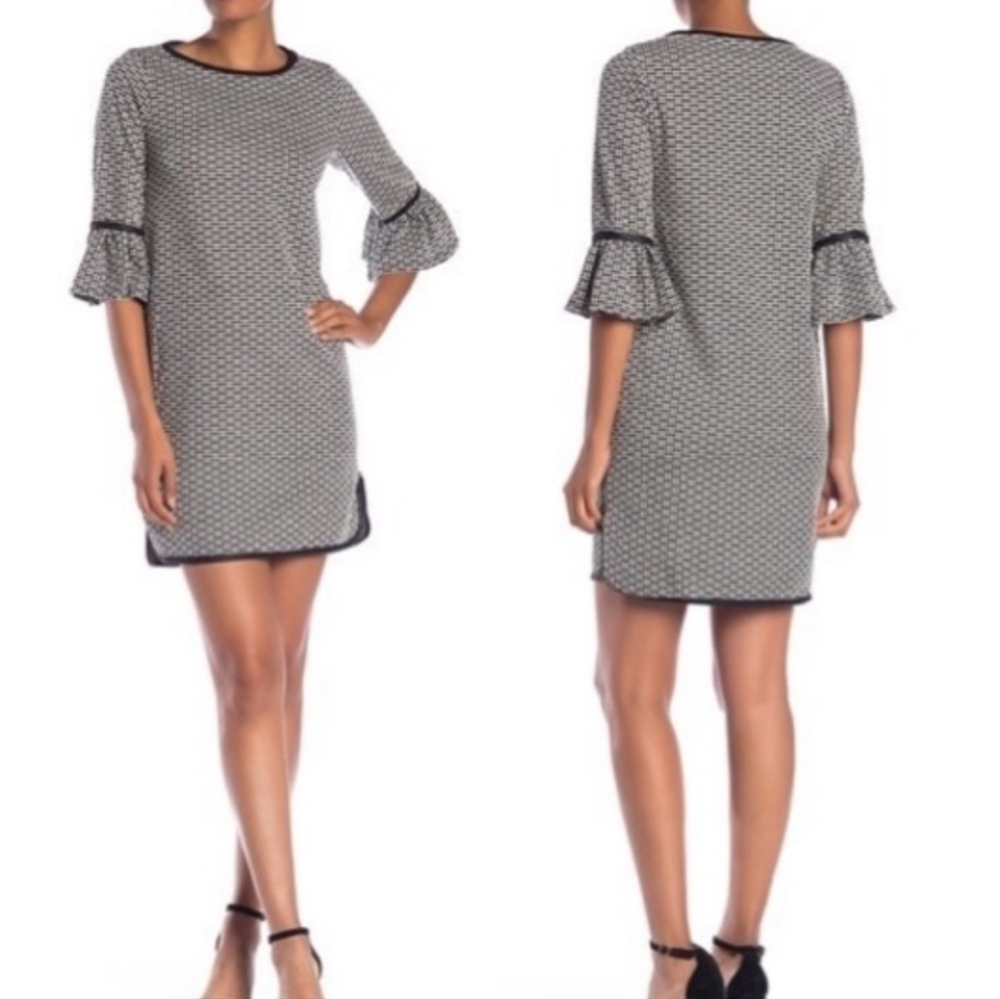 Max Studio Black Grey Geometric Bell Flare Sleeve Shift Dress Stretch XS